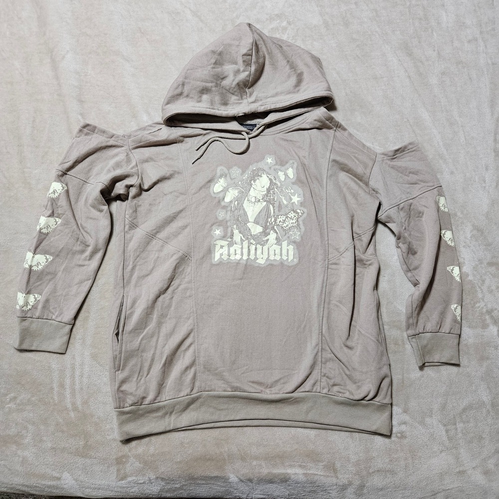 Aaliyah Cold Shoulder Graphic Hoodie Taupe Brown Butterfly Sleeve Womens 1X